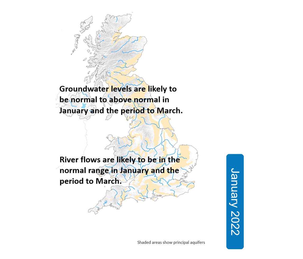Outlook map for January 2022. River flows are likely to be in the normal range in January and the period to March. Groundwater levels are likely to be normal to above normal in January and the period to March.