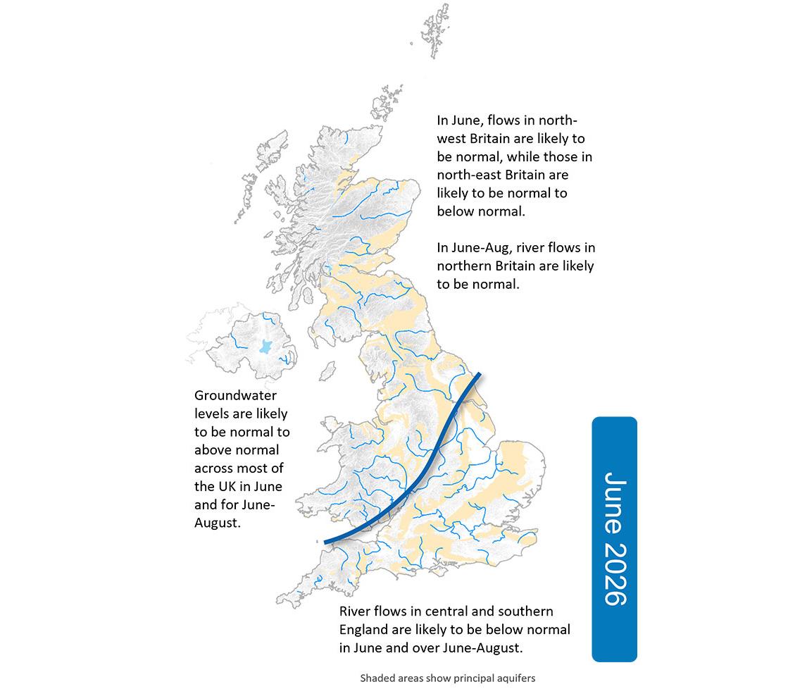 Illustrative map of the June 2026 hydrological outlook showing below normal river flows in the south and east of England, with more normal flows elsewhere
